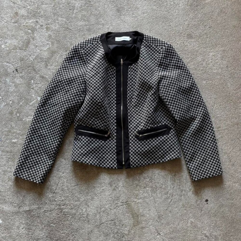 Black and white vintage houndstooth Calvin Klein blazer with zipper
